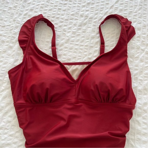 Kona Sol Ruffle Shoulder High Coverage One Piece Swimsuit in Deep Red, 24W - Picture 3 of 9